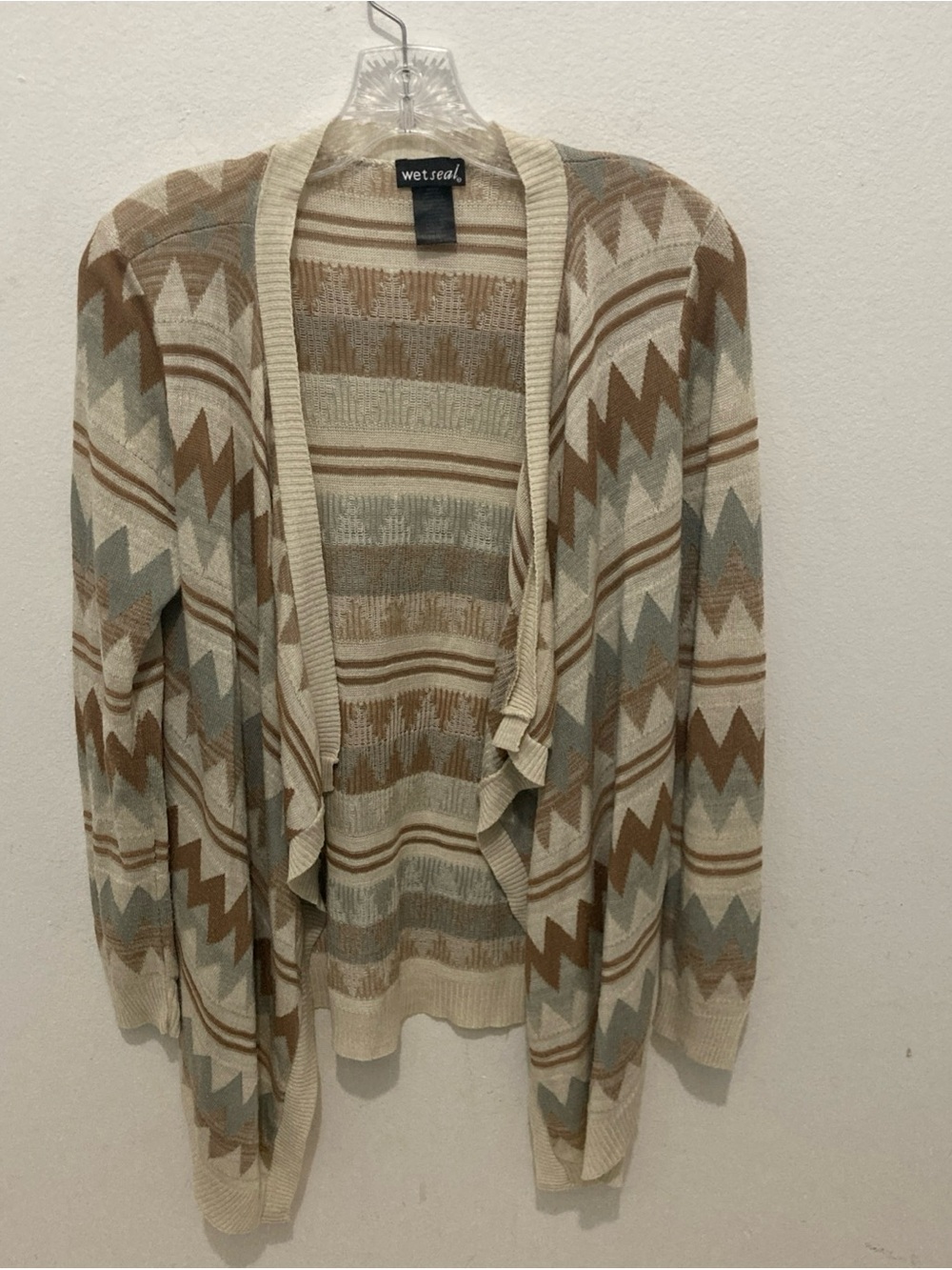 WET SEAL beige gray brown chevron long sleeve open front cardigan sweater S